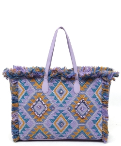 Boho Chic Crochet Fringe Shopper Tote Bag CY018 LAVENDER